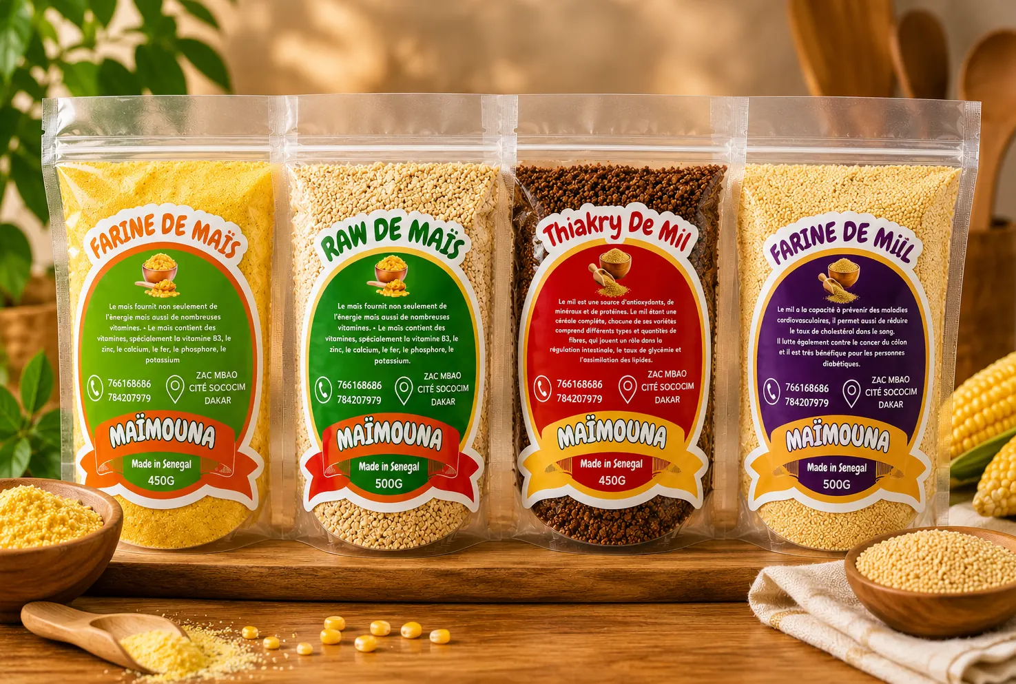 Les quatre sachets de céréales : farine de maïs, raw de maïs, thiakry de mil et sankhal de mil