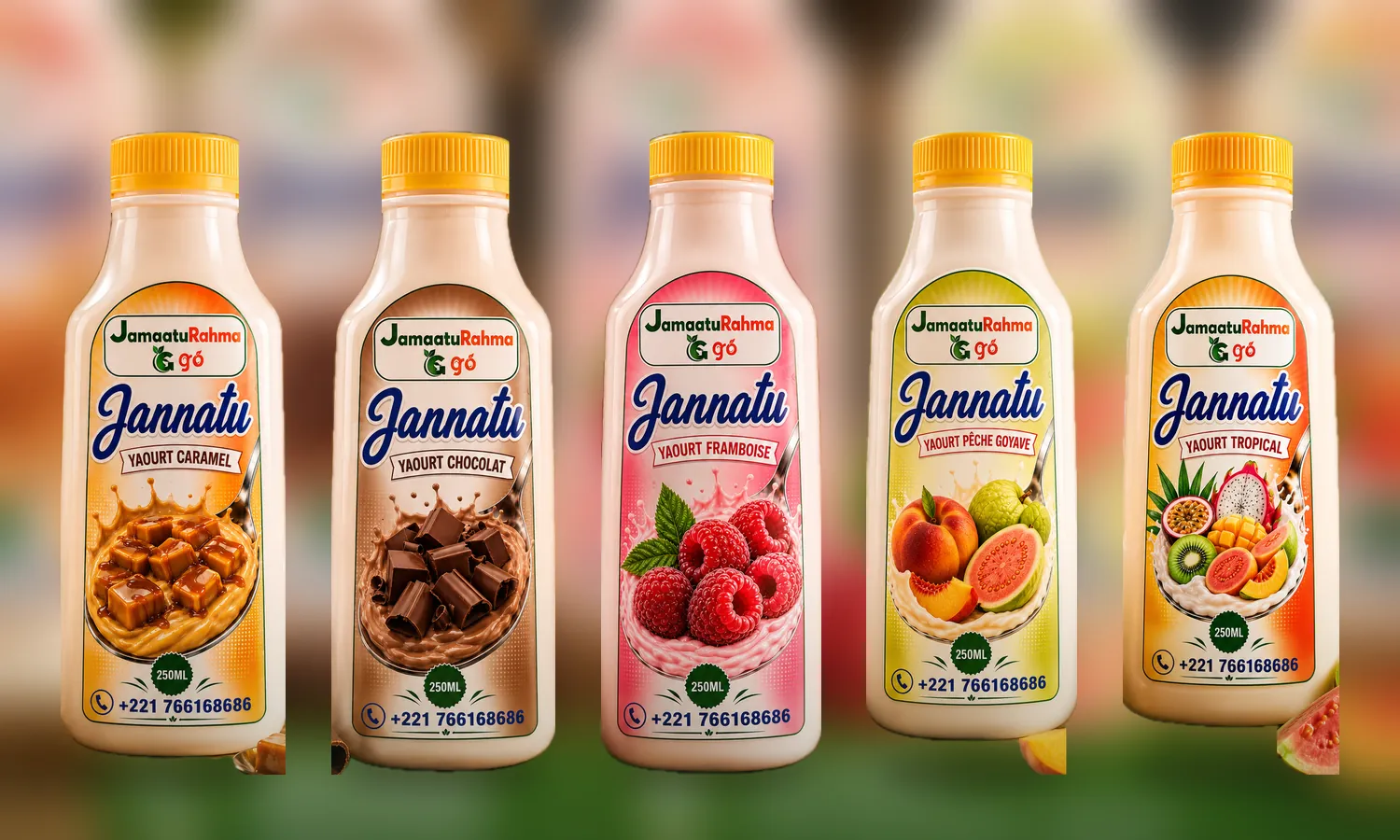 Les cinq yaourts à boire Jannatu en bouteille de 250 ml : caramel, chocolat, framboise, pêche-goyave et tropical